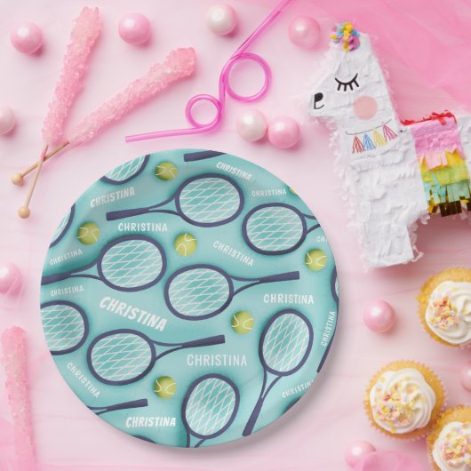 Tennis Racket Ball & Kids Girls Muster blau Pappteller (Party)