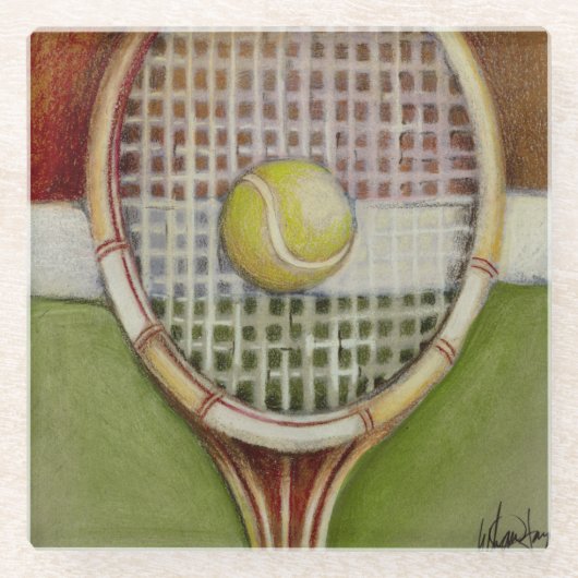 Tennis-Racket mit Ball-Lay vor Gericht Glasuntersetzer (Vorderseite)
