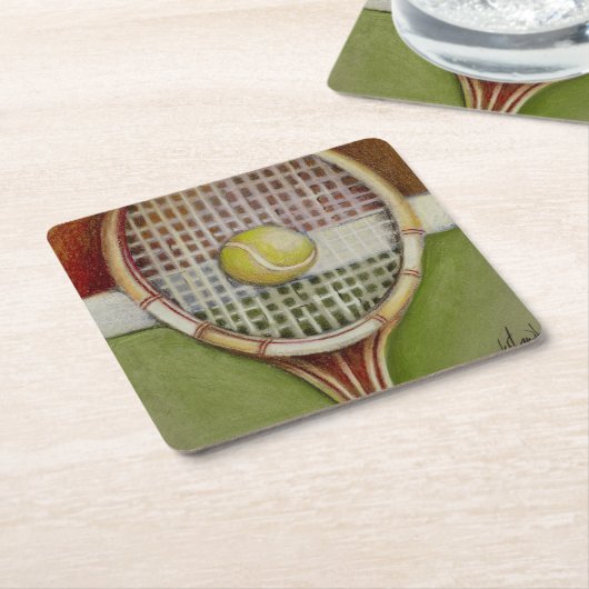 Tennis-Racket mit Ball-Lay vor Gericht Rechteckiger Pappuntersetzer (angewinkelt)