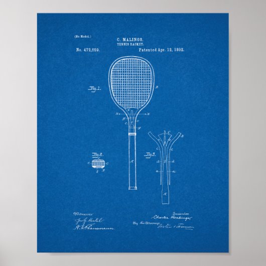Tennis Racket Patent - Blueprint Poster (Vorne)