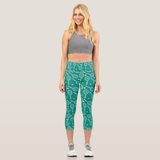 Tennis Racket Pattern Green Capri Leggings (Vorderseite)
