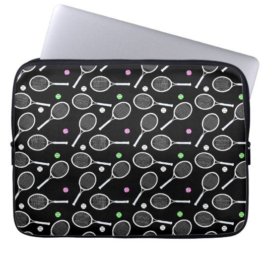 Tennis Racket Pattern Schwarzer Hintergrund Laptopschutzhülle (Vorderseite)