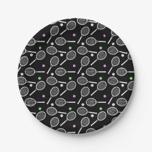Tennis Racket Pattern Schwarzer Hintergrund Pappteller