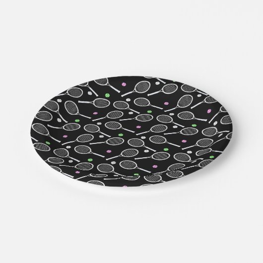 Tennis Racket Pattern Schwarzer Hintergrund Pappteller (Schrägansicht)