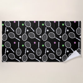 Tennis Racket Pattern Schwarzer Hintergrund Strandtuch