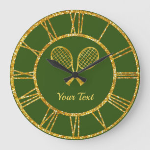 Tennis Rackets in Gold Your Text Große Wanduhr