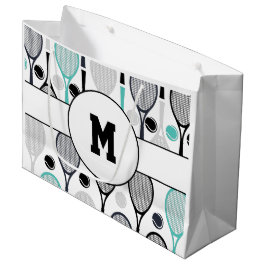 Tennis Rackets Monogram, Initial Green Black Sport Große Geschenktüte
