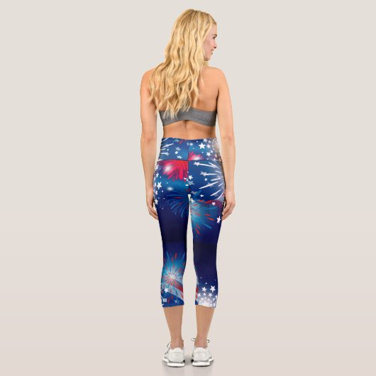 Tennis Rackets Patriotische Fireworks Custom Text Capri Leggings (Rückseite)