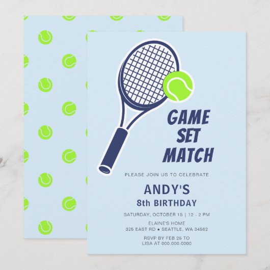 Tennis Racquet Blue Boys Geburtstag Einladung (Vorne/Hinten)