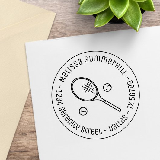 Tennis Racquet Racket und Balls Runde Adresse Gummistempel