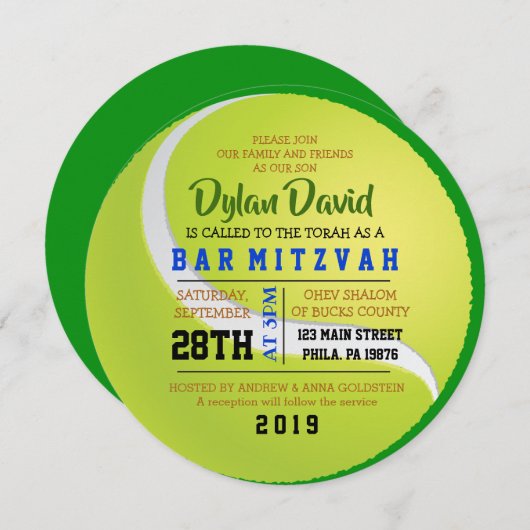 TENNIS ROUND Bar Bat Mitzvah Einladung (Vorne/Hinten)