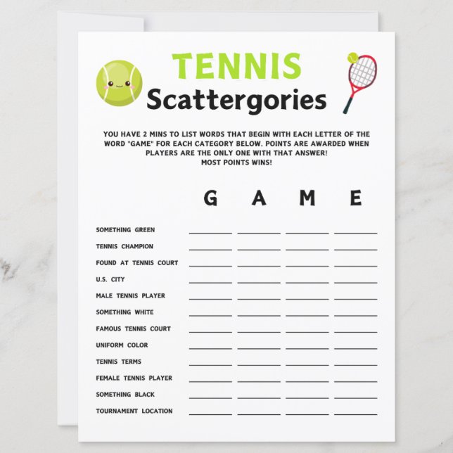 Tennis Scattergories Game (Vorderseite)