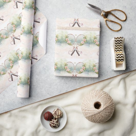 Tennis-Schläger mit Blumenmuster  Geschenkpapier (Kunsthandwerk)