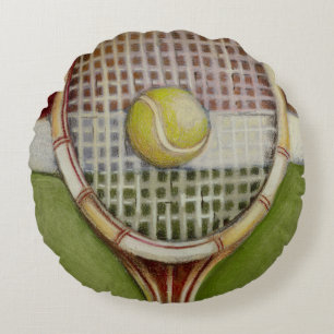 Tennis-Schläger mit dem Ball, der auf Gericht leg Rundes Kissen