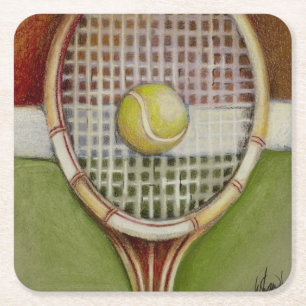 Tennis-Schläger mit dem Ball, der auf Gericht legt Rechteckiger Pappuntersetzer