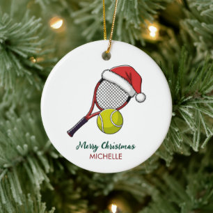 Tennis-Schläger mit Santa-Hut, individuelles Weihn Keramik Ornament