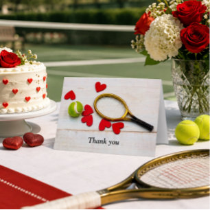 Tennis-Schläger und Ball mit rotem Liebesherz Dankeskarte