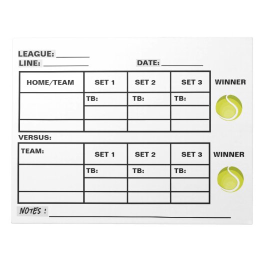 Tennis Score Pad - Tenniscore-Blätter Notizblock (Vorderseite)