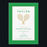 Tennis Star Party Einladung<br><div class="desc">Feiern Sie Ihren Tennisspieler oder Tennisfan mit den prächtigen Golden und Grün-Einladungen mit den Imitaten goldene Tennisschläger. Text und Hintergrundfarbe in anpassbarer Form. Das Geburtstagsalter ist ebenfalls anpassbar. Teil einer Sammlung von Parcel Studios. *Hinweis: Die Golddetails in dieser Einladung werden simuliert. Bei der Herstellung dieses Produktes wird keine Folie verwendet....</div>