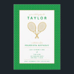 Tennis Star Party Einladung<br><div class="desc">Feiern Sie Ihren Tennisspieler oder Tennisfan mit den prächtigen Golden und Grün-Einladungen mit den Imitaten goldene Tennisschläger. Text und Hintergrundfarbe in anpassbarer Form. Das Geburtstagsalter ist ebenfalls anpassbar. Teil einer Sammlung von Parcel Studios. *Hinweis: Die Golddetails in dieser Einladung werden simuliert. Bei der Herstellung dieses Produktes wird keine Folie verwendet....</div>