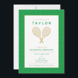Tennis Star Party Einladung<br><div class="desc">Feiern Sie Ihren Tennisspieler oder Tennisfan mit den prächtigen Golden und Grün-Einladungen mit den Imitaten goldene Tennisschläger. Text und Hintergrundfarbe in anpassbarer Form. Das Geburtstagsalter ist ebenfalls anpassbar. Teil einer Sammlung von Parcel Studios. *Hinweis: Die Golddetails in dieser Einladung werden simuliert. Bei der Herstellung dieses Produktes wird keine Folie verwendet....</div>