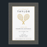 Tennis Star Party Einladung<br><div class="desc">Feiern Sie Ihren Tennisspieler oder Tennisfan mit diesen prächtigen Gold- und Holzkohleeinladungen mit den Imitaten goldene Tennisschläger. Text und Hintergrundfarbe in anpassbarer Form. Das Geburtstagsalter ist ebenfalls anpassbar. Teil einer Sammlung von Parcel Studios. *Hinweis: Die Golddetails in dieser Einladung werden simuliert. Bei der Herstellung dieses Produktes wird keine Folie verwendet....</div>
