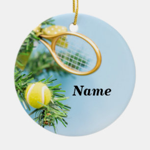 Tennis-Tennisball und Tennisschläger auf Baum Keramik Ornament