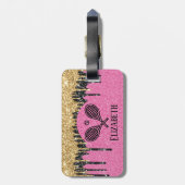 Tennis Theme Rosa Glitzer Mit Monogramm Name Gepäckanhänger (Rückseite vertikal)