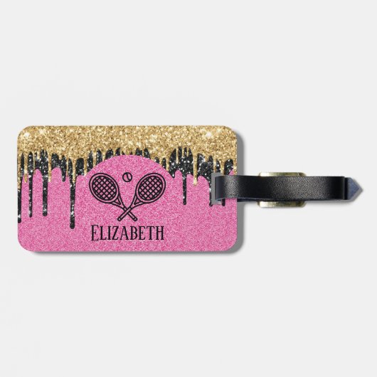 Tennis Theme Rosa Glitzer Mit Monogramm Name Gepäckanhänger (Rückseite horizontal)