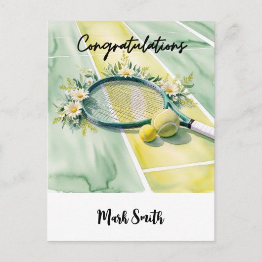 Tennis Themed Herzlichen Glückwunsch Ball und Blum Postkarte (Vorderseite)