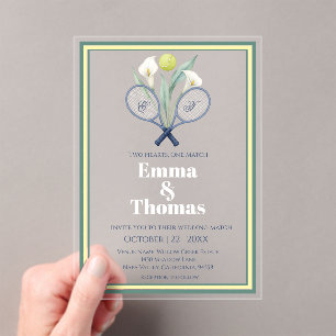 Tennis-Themensch Hochzeit mit Calla-Lilien Acryleinladungen