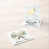 Tennis Wedding Racket with Flowers Bride & Groom  Rechteckiger Pappuntersetzer (Vor Ort)