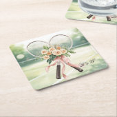 Tennis Wedding Racket with Flowers Bride & Groom Rechteckiger Pappuntersetzer (angewinkelt)