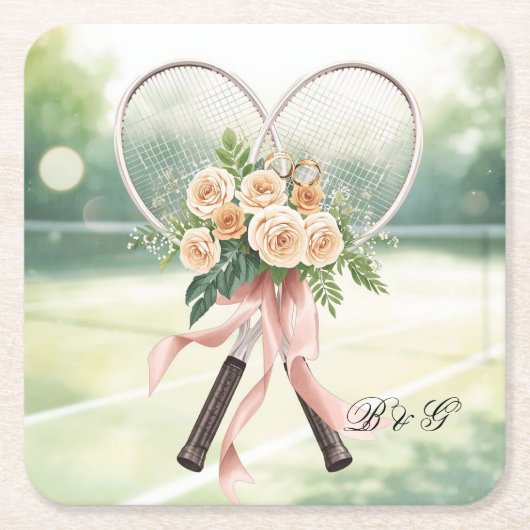 Tennis Wedding Racket with Flowers Bride & Groom Rechteckiger Pappuntersetzer (Vorderseite)