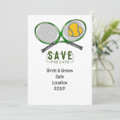 Tennis Wedding Save the Date mit Ball und Schläger Einladung (Stehend Vorderseite)