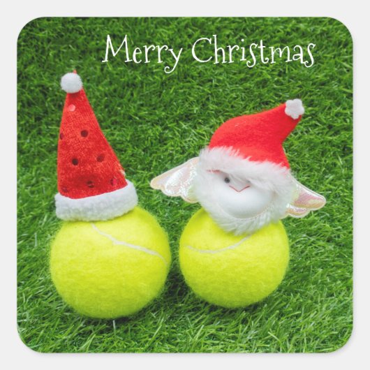 Tennis Weihnachten mit Weihnachtsmannmütze auf Ten Quadratischer Aufkleber (Vorderseite)