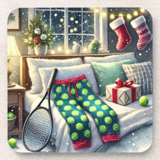 Tennis Weihnachten Thema mit Ball und Racket Getränkeuntersetzer (Vorderseite)