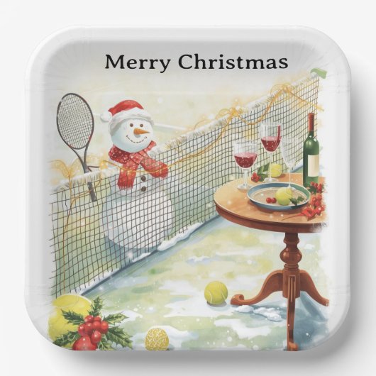 Tennis Weihnachten Thema Snowman Tennis spielen Pappteller (Vorderseite)
