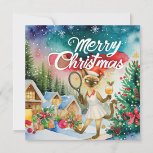 Tennis-Weihnachtsgruß für Katzenliebhaber Feiertagskarte