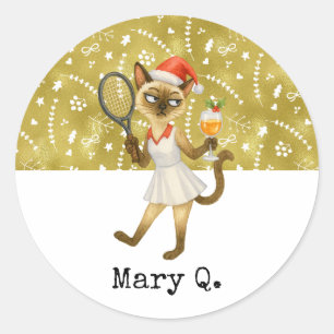 Tennis-Weihnachtsthema für Katzenliebhaber Runder Aufkleber