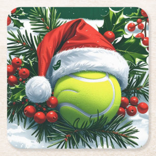 Tennis-Weihnachtsthema mit Schläger und Santa-Hut Rechteckiger Pappuntersetzer