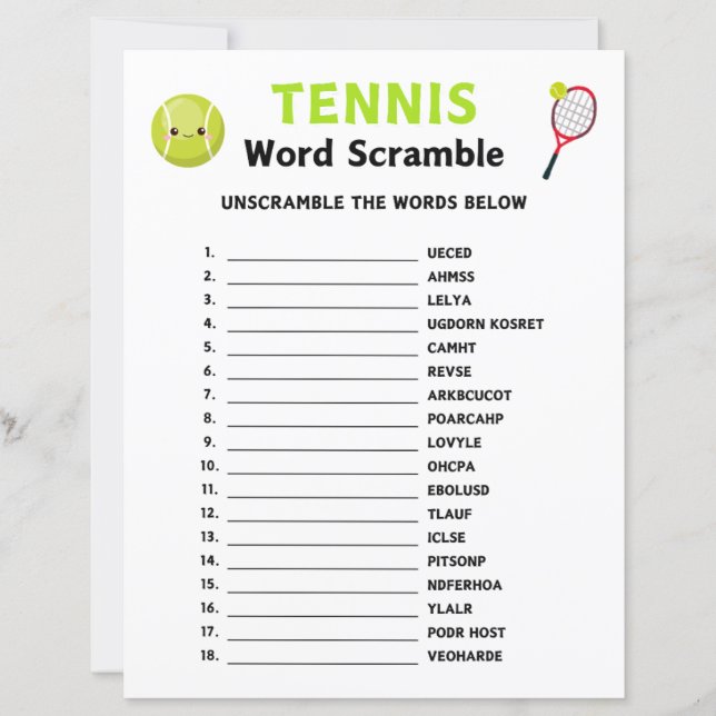 Tennis Word Scramble Spiel (Vorderseite)