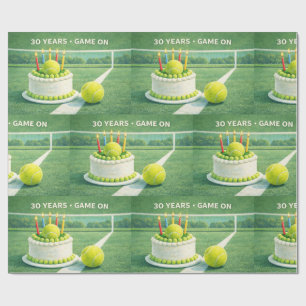 Tennisball 30. Geburtstag und Kuchen auf grün Geschenkpapier