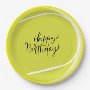 Tennisball auf gelber Happy Birthday Paper Plate Pappteller