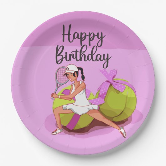Tennisball auf rosa Happy Birthday Woman Player Pappteller (Vorderseite)
