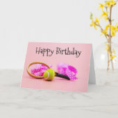 Tennisball Geburtstag mit Schläger Geburtstag pink Karte (Gelbe Blume)