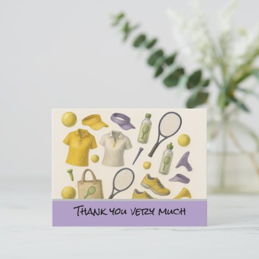 Tennisball mit blauem Schläger Danke Karte (Stehend Vorderseite)
