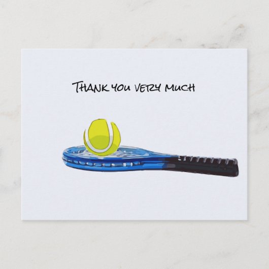 Tennisball mit blauem Schläger Danke Karte (Vorderseite)