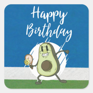 Tennisball mit Happy Birthday mit Avocado Quadratischer Aufkleber