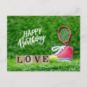 Tennisball mit Happy Birthday mit Liebe Postkarte (Vorderseite)